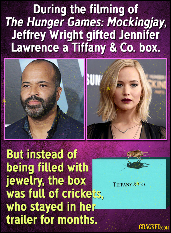 During the filming of The Hunger Games: Mockingjay, Jeffrey Wright gifted Jennifer Lawrence a Tiffany & Co. box. But instead of being filled with jewe