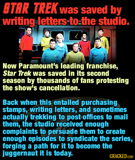 OTAR TREK was saved by writing letters to the studio. Now Paramount's leading franchise, Star Trek was saved in its second season by thousands of fans