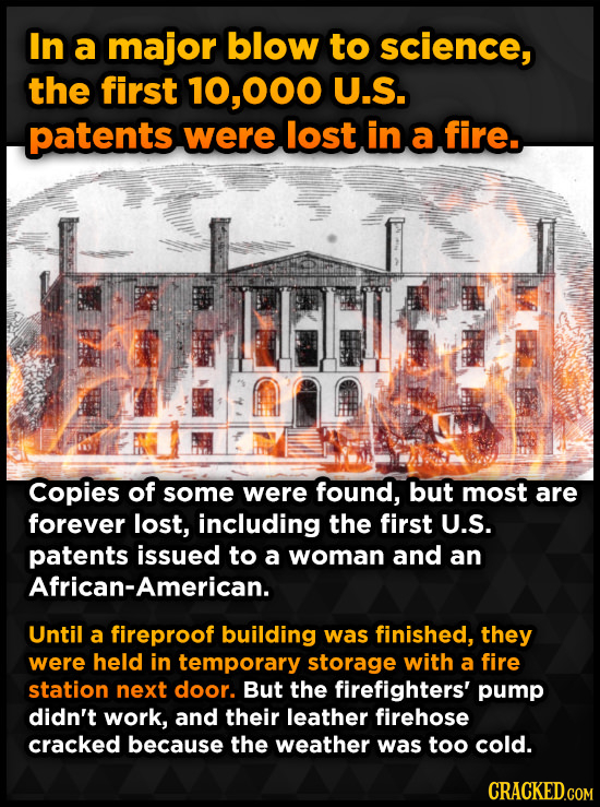 In a major blow to science, the first 000 U.S. patents were lost in a fire. Copies of some were found, but most are forever lost, including the first
