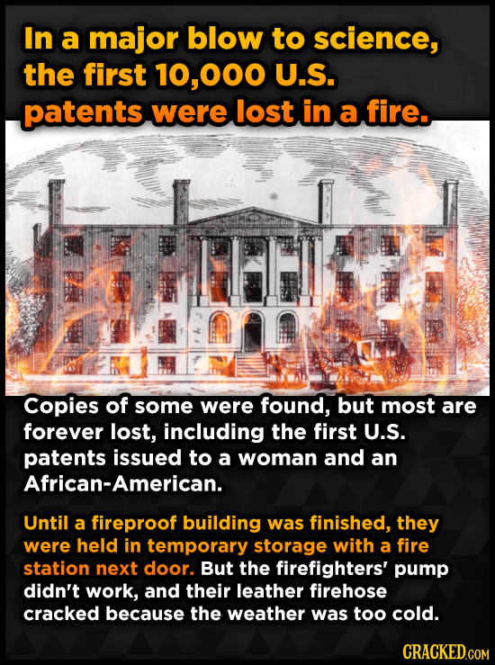 In a major blow to science, the first 000 U.S. patents were lost in a fire. Copies of some were found, but most are forever lost, including the first 