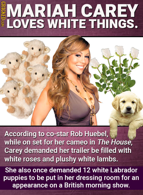 MARIAH CAREY LOVES WHITE THINGS. According to co-star Rob Huebel, while on set for her cameo in The House, Carey demanded her trailer be filled with w