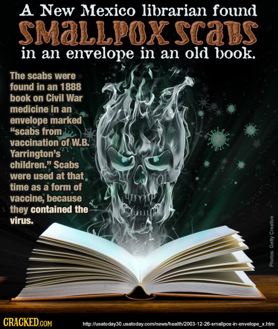 A New Mexico librarian found SMaLLPox scabs in an envelope in an old book. The scabs were found in an 1888 book on Civil War medicine in an envelope m