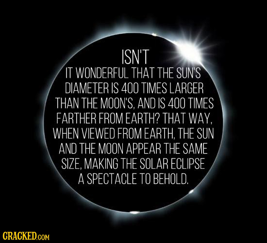 ISN'T IT WONDERFUL THAT THE SUN'S DIAMETER IS 400 TIMES LARGER THAN THE MOON'S, AND IS 400 TIMES FARTHER FROM EARTH? THAT WAY, WHEN VIEWED FROM EARTH.