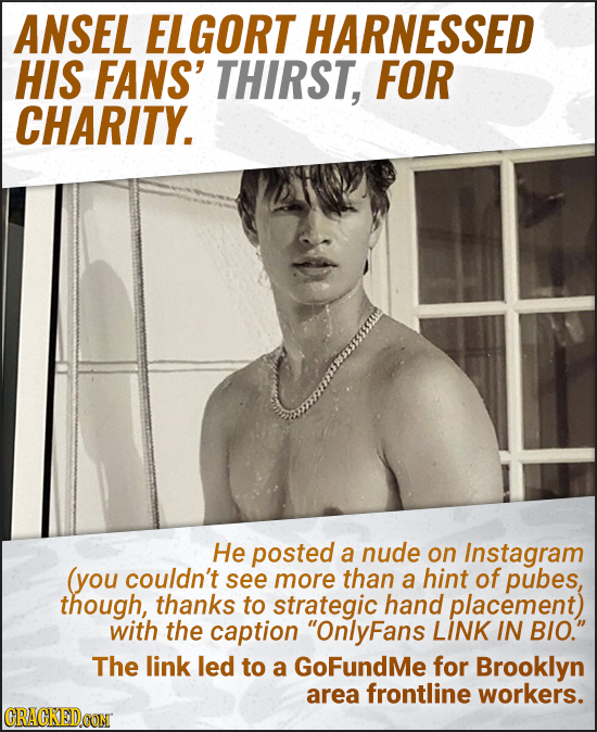 ANSEL ELGORT HARNESSED HIS FANS' THIRST, FOR CHARITY. He posted a nude on Instagram (you couldn't see more than a hint of pubes, though, thanks to str