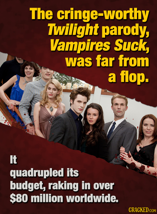 The cringe-worthy Twilight parody, Vampires Suck, was far from a flop. It quadrupled its budget, raking in over $80 million worldwide. CRACKED CON 