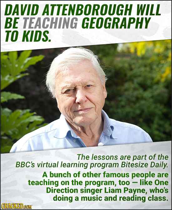 DAVID ATTENBOROUGH WILL BE TEACHING GEOGRAPHY TO KIDS. The lessons are part of the BBC'S virtual learning program Bitesize Daily. A bunch of other fam