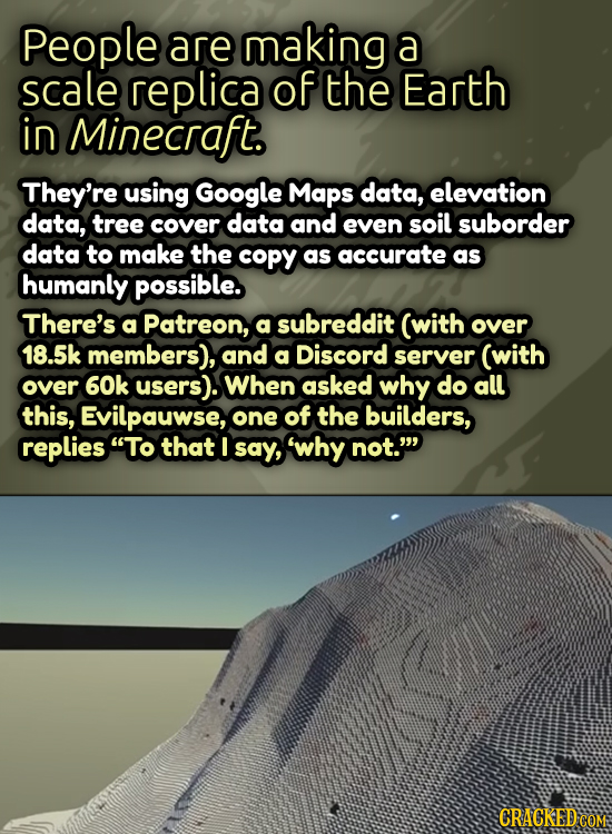 people are making a scale replica of the Earth in Minecraft. They're using Google Maps data, elevation data, tree cover data and even soil suborder da
