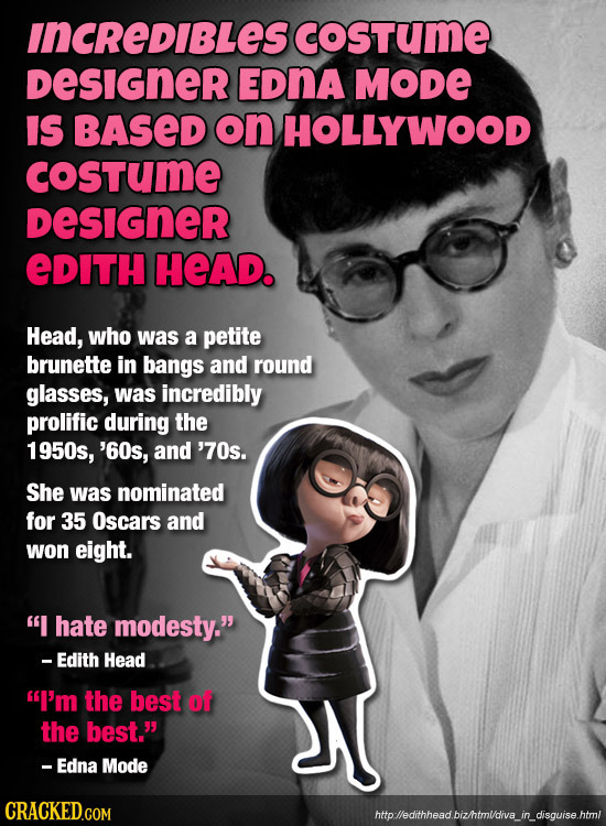 INCREDIBLES COSTumE DeSIGneR EDNA MODE IS BASED on HOLLYWOOD COSTUmE DeSIGneR EDITH HEAD. Head, who was a petite brunette in bangs and round glasses, 