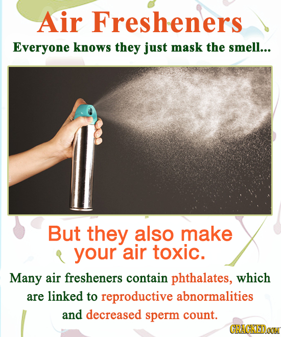 Air Fresheners Everyone knows they just mask the smell... But they also make your air toxic. Many air fresheners contain phthalates, which are linked