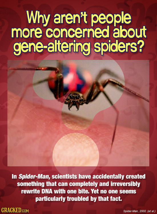 Why aren't people more concerned about ene-altering spiders? In Spider-Man, scientists have accidentally created something that can completely and irr