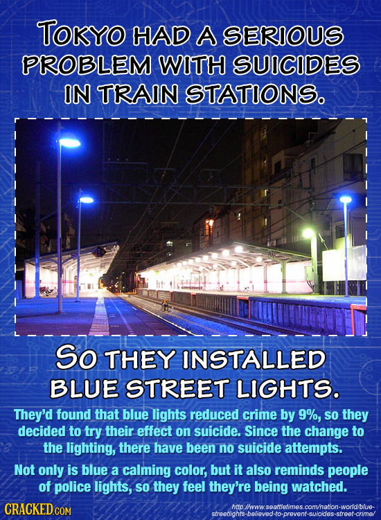 TOKyO HAD A SERIOUS PROBLEM WITH SUICIDES IN TRAIN STATIONS. So THEY INSTALLED BLUE STREET LIGHTS. They'd found that blue lights reduced crime by 9%,