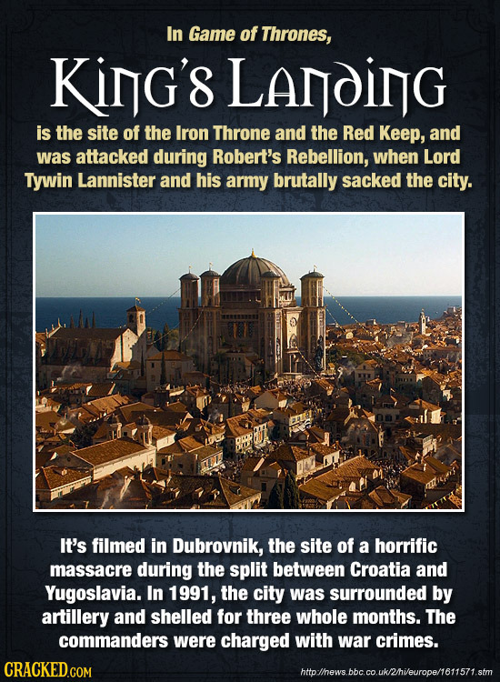 In Game of Thrones, KinG's LANOING is the site of the Iron Throne and the Red Keep, and was attacked during Robert's Rebellion, when Lord Tywin Lannis