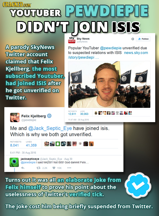 PEWDIEPIE YOUTUBER DIDN'T JOIN ISIS sky Sky News Follow NEIWs eskynle's A parody SkyNews Popular YouTuber @pewdiepie unverified due Twitter account to