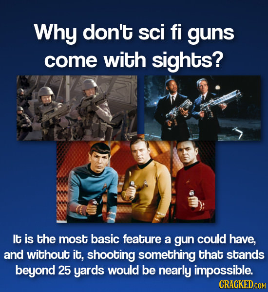 Why don't sci fi guns come with sights? It is the most basic feature a gun could have, and without it, shooting something that stands beyond 25 yards