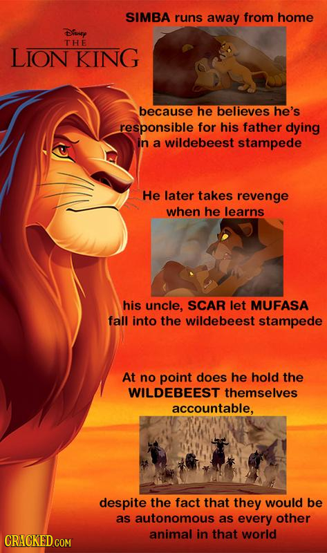 SIMBA runs away from home Disuey THE LION KING because he believes he's responsible for his father dying in a wildebeest stampede He later takes reven