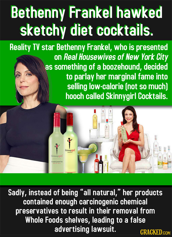 Bethenny Frankel hawked sketchy diet cocktails. Reality TV star Bethenny Frankel, who is presented on Real Housewives of New York City as something of