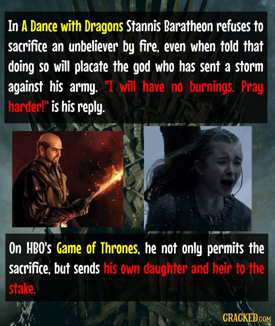 In A Dance with Dragons Stannis Baratheon refuses to sacrifice an unbeliever by fire. even when told that doing SO will placate the god who has sent a