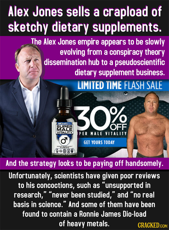 Alex Jones sells a crapload of sketchy dietary supplements. The Alex Jones empire appears to be slowly evolving from a conspiracy theory dissemination