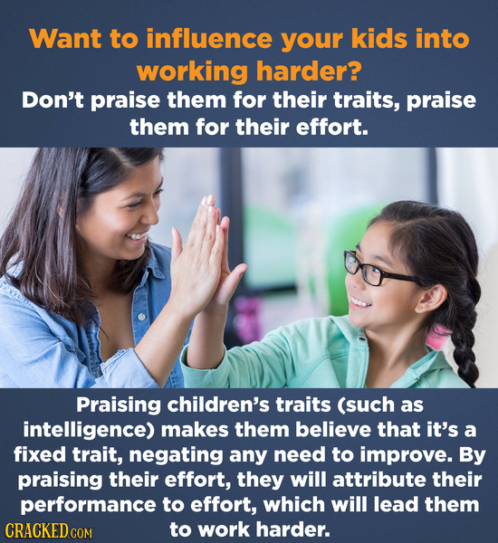 Want to influence your kids into working harder? Don't praise them for their traits, praise them for their effort. Praising children's traits (such as