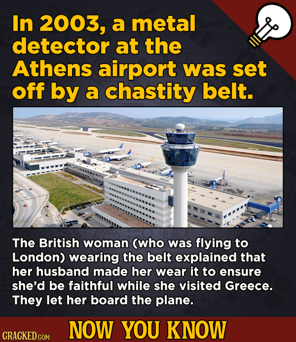 13 Obscure, Cool Chunks Of Movie And General Trivia - In 2003, a metal detector at the Athens airport was set off by a chastity