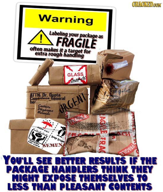 CRACKEDCON Warning Labeling ! your package FRAGILE as often makes it a target for extra rough handling GLASS shar gtle ATTN: Dr. Gupta Congnlaea Gener