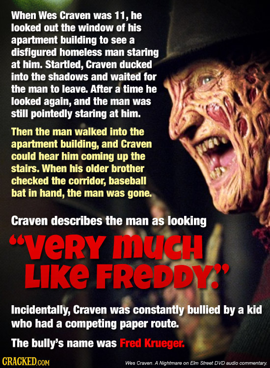 When Wes Craven was 11, he looked out the window of his apartment building to see a disfigured homeless man staring at him. Startled, Craven ducked in