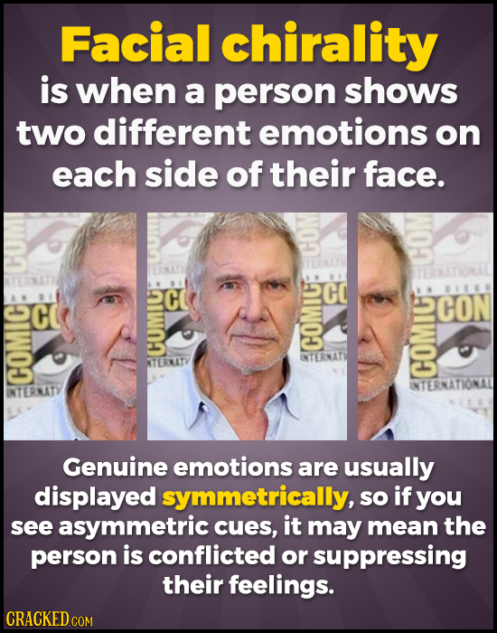 Facial chirality is when a person shows two different emotions on each side of their face. CO CC CON CU CO NTERKATI NTERNATY INTERNATIONAL COMIC INTER