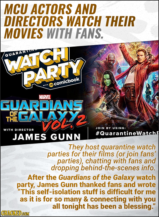 MCU ACTORS AND DIRECTORS WATCH THEIR MOVIES WITH FANS. QUARAN WATCH PARTY comicbook MARVEL GUARDIANS OF FGALAXY THE VOlo 2 JOIN BY USING: WITH DIRECTO