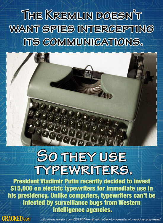 THE KREMLIN DOESN'T WANT SPIES INTERCEPTING ITSCOMMUNICATIONS. E R Y D G H K B So THEY USE TYPEWRITERS. President Vladimir Putin recently decided to i
