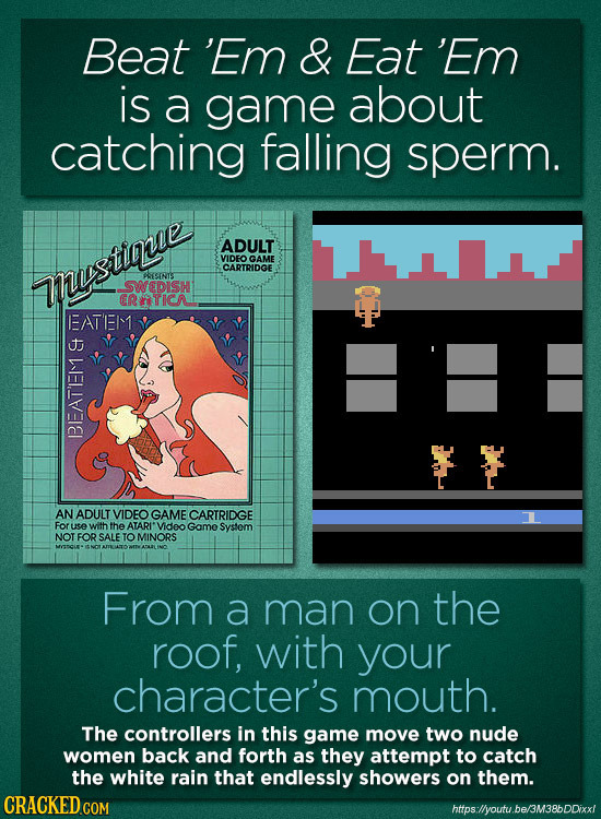 Beat 'Em & Eat 'Em is a game about catching falling sperm. ADULT VIDFO GAME CARTRIDGE musuinue FRESINTS SWEDIsH ERTICAE FATEI B2A AN ADULT VIDEO GAME