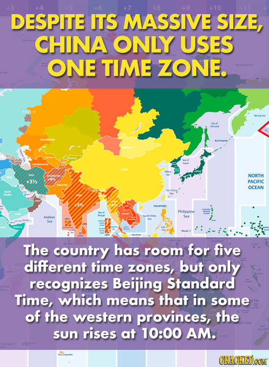 +3 +6 +8 +9 +10 DESPITE ITS MASSIVE SIZE, CHINA ONLY USES ONE TIME ZONE. ohoek NORTH 315 14 PACIFIC OCEAN SY Philippine Aratian Sea Sea The country ha