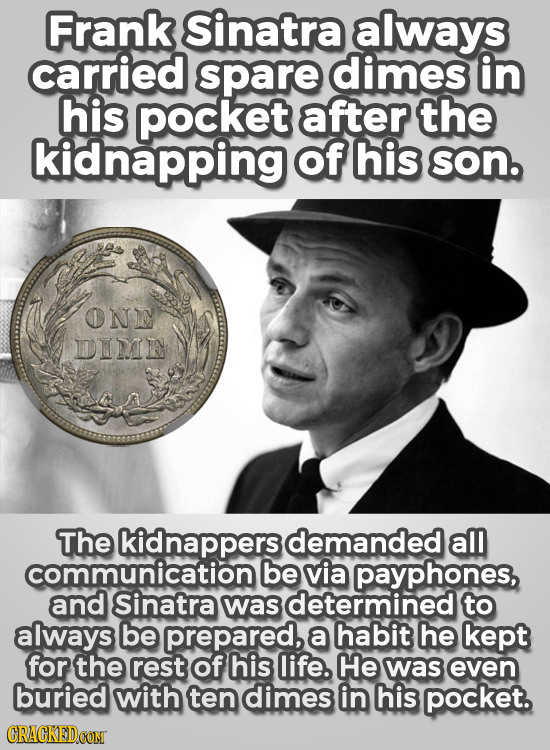 Frank sinatra always carried spare dimes in his pocket after the kidnapping of his son. ON DIDIE The kidnappers demanded all communication be via payp