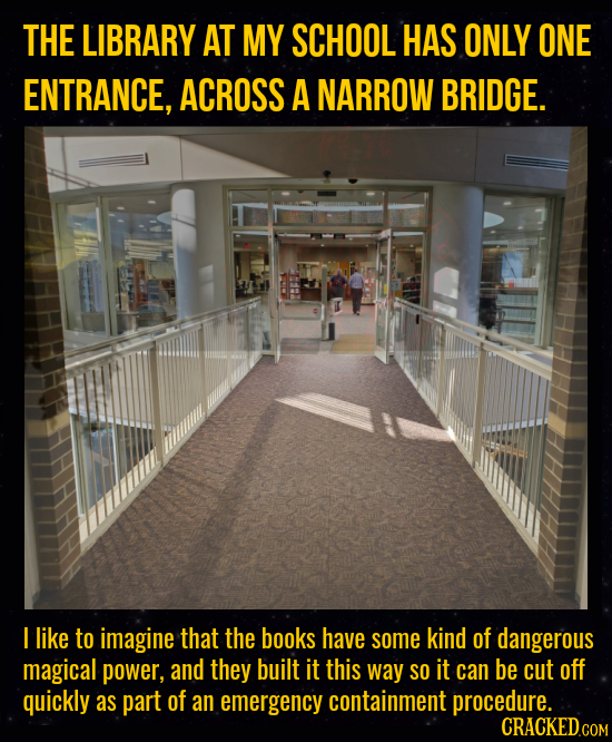 THE LIBRARY AT MY SCHOOL HAS ONLY ONE ENTRANCE, ACROSS A NARROW BRIDGE. I like to imagine that the books have some kind of dangerous magical power, an