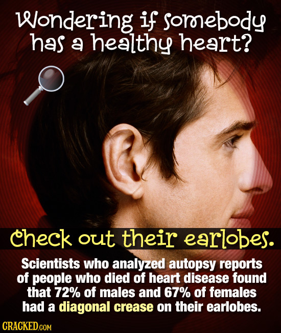 Wondering if sorrebody has a healthy heart? check out their earlobes. Scientists who analyzed autopsy reports of people who died of heart disease foun
