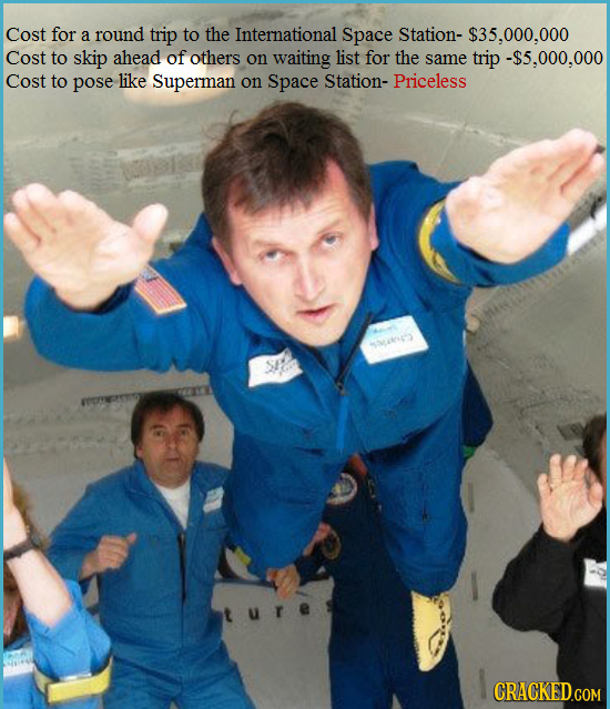 Cost for a round trip to the International Space Station- $35.000,000 Cost to skip ahead of others on waiting list for the same trip -$5,000,000 Cost