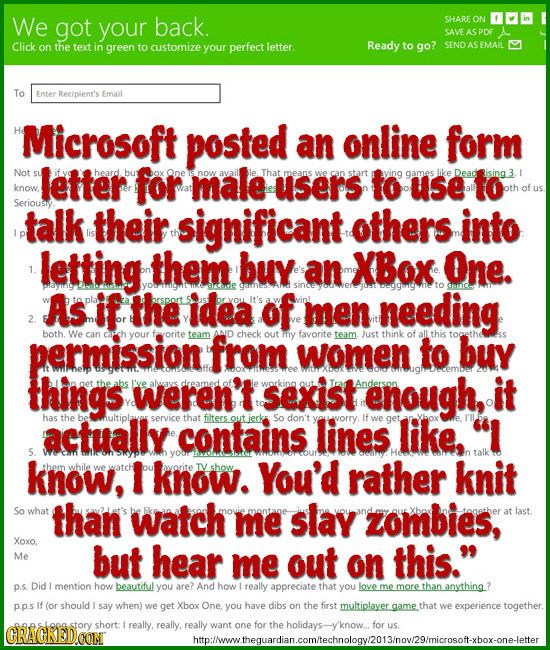 We got SHARE your back. ON SAVEAS PDE Click on the text in green to customize your perfect letter. Ready to go? SEND AS EMAIL To Enter Recipient's Ema