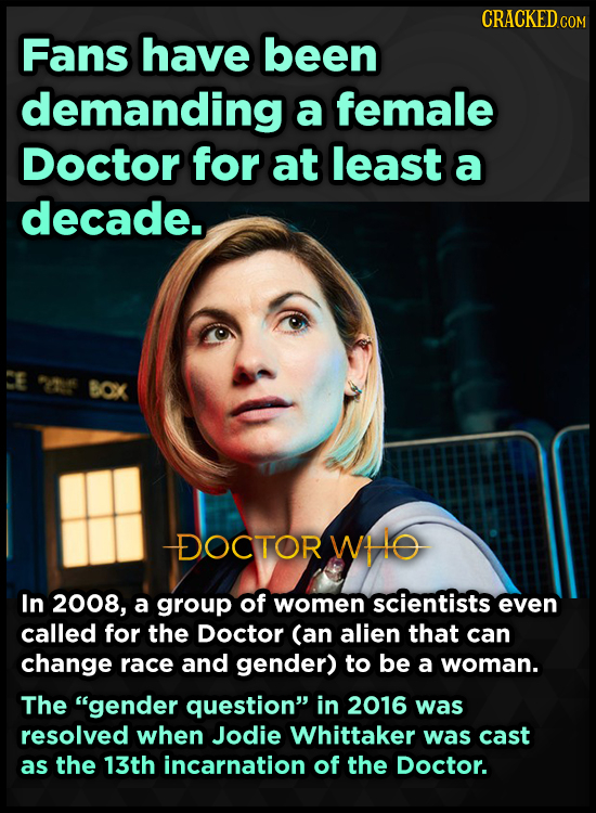 CRACKED c COM Fans have been demanding a female Doctor for at least a decade. CE 2 BOX DOCTOR WHO In 2008, a group of women scientists even called for