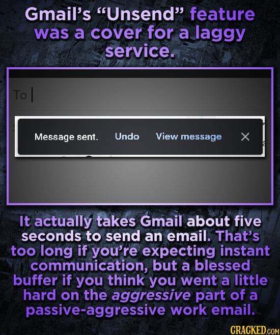 Gmail's Unsend feature was a cover for a laggy service. To I Message sent. Undo View message It actually takes Gmail about five seconds to send an e