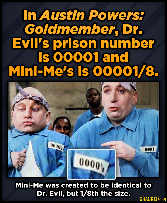 In Austin Powers: Goldmember, Dr. Evil's prison number is 00001 and Mini-Me's is 00001/8. 0000 00001 00001 Mini-Me was created to be identical to Dr.