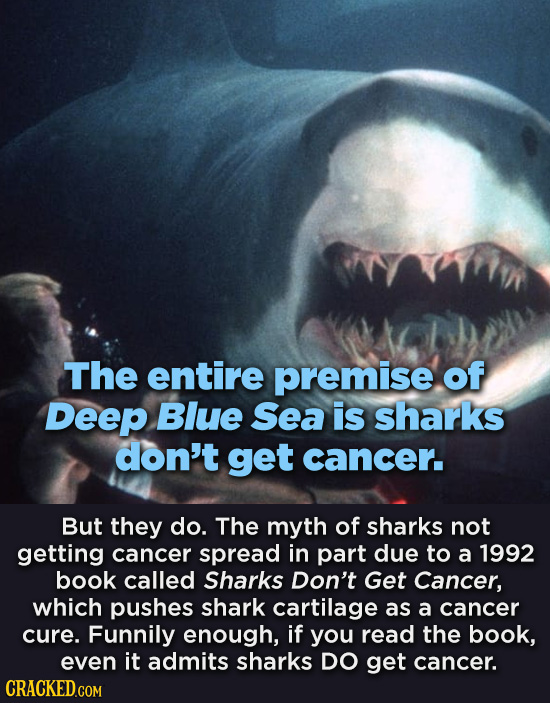The entire premise of Deep Blue Sea is sharks don't get cancer. But they do. The myth of sharks not getting cancer spread in part due to a 1992 book c