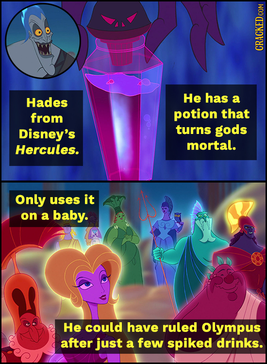 Hades He has a from potion that Disney's turns gods mortal. Hercules. Only uses it on a baby. He could have ruled Olympus after just a few spiked drin