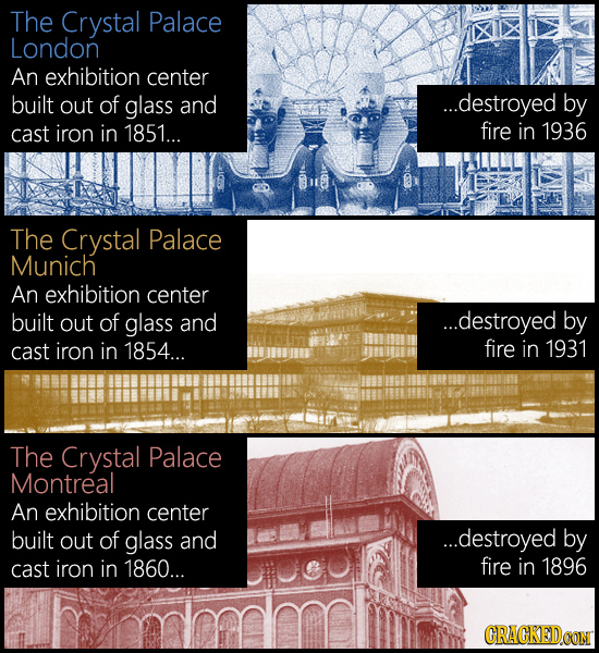 The Crystal Palace London An exhibition center built out of glass and ...destroyed by cast iron in 1851... fire in 1936 The Crystal Palace Munich An e