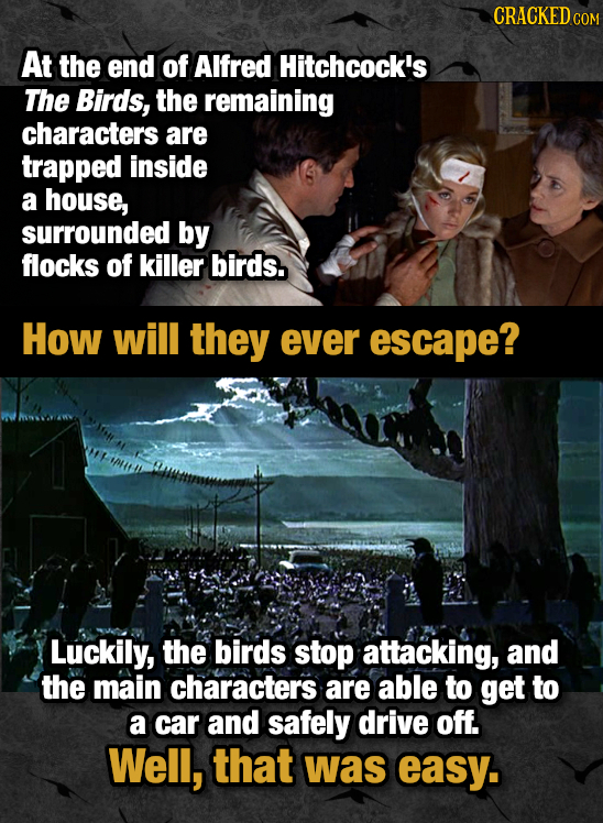 CRACKED COM At the end of Alfred Hitchcock's The Birds, the remaining characters are trapped inside a house, surrounded by flocks of killer birds. How