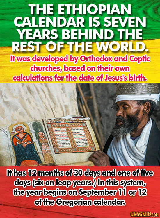 THE ETHIOPIAN CALENDAR IS SEVEN YEARS BEHIND THE REST OF THE WORLD. It wAs developed by Orthodox and Coptic churches, based on their own calculations 