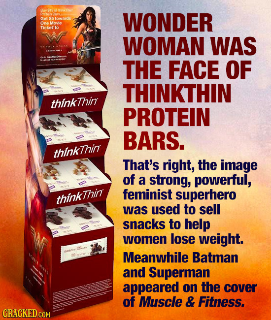 Buv S of hninin Protpin Bars Get $5 towards WONDER One Movie Ticket to WOMAN WAS THE FACE OF THINKTHIN thinkThin PROTEIN BARS. thinkThin That's right,