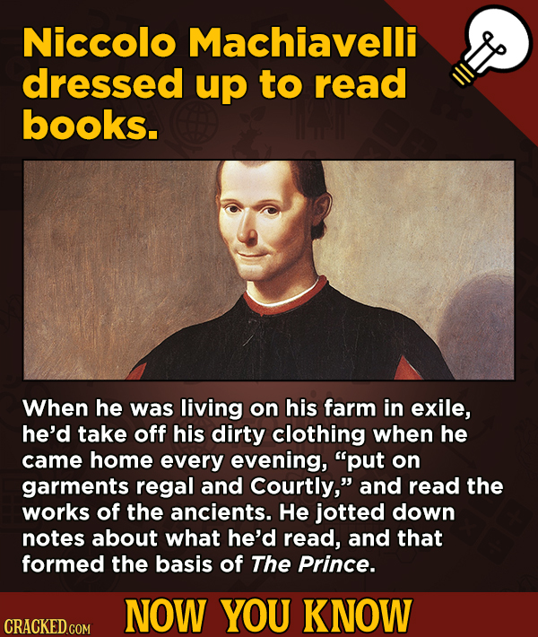 A Big Helping Of Little-Known About Movies (And Other Stuff)Niccolo Machiavelli dressed up to read books.