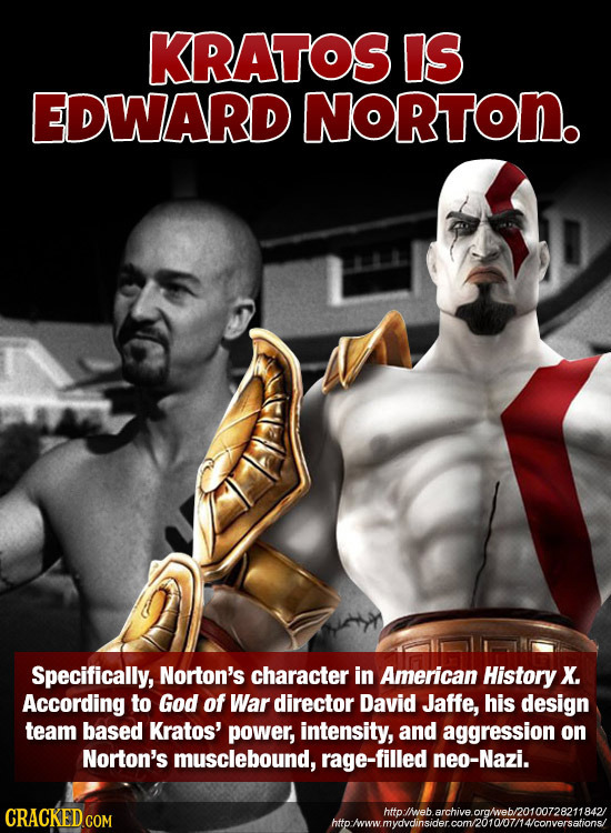 KRATOS IS EDWARD NORTON. Specifically, Norton's character in American History X. According to God of War director David Jaffe, his design team based K