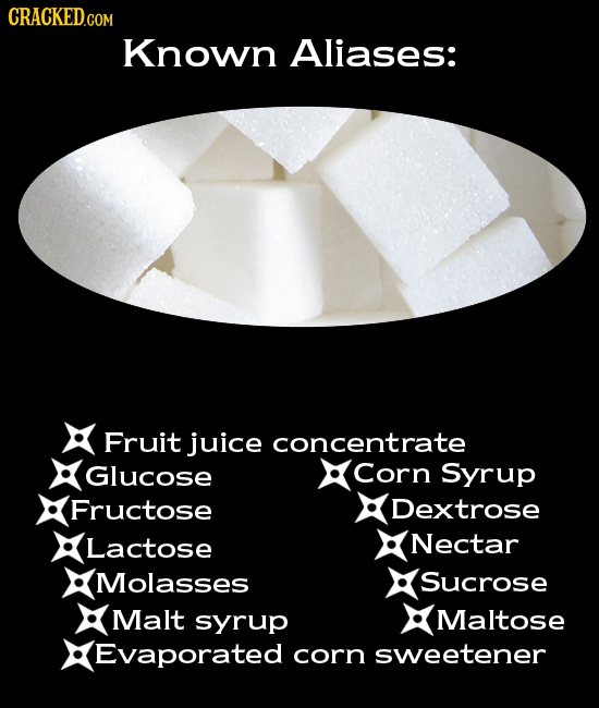 CRACKED.COM Known Aliases: Fruit juice concentrate Glucose Corn Syrup Fructose Dextrose Lactose Nectar Molasses sucrose Malt syrup Maltose Evaporated 