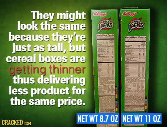 They might Ealey alln look the same JACS API APrn JAc KS because they're NMAANA aets Nutrition Faer just as tall, but cereal boxes are getting thinner