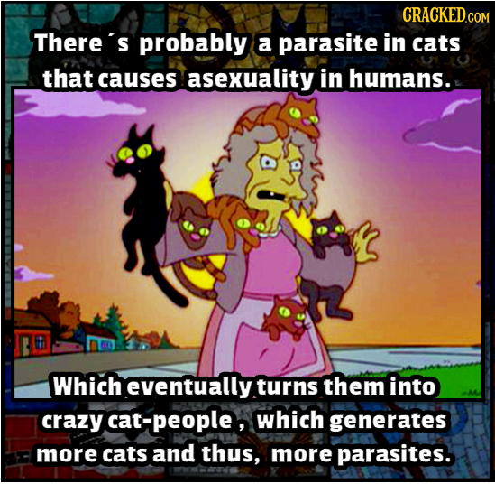 CRACKEDCON There's probably a parasite in cats that causes asexuality in humans. Which eventually turns them into crazy cat-people, which generates mo